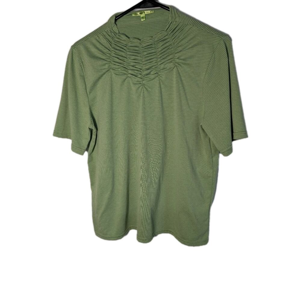 Trisha Tyler Shirt Blouse Mock Neck Striped Green Top Preppy Women's Size Large